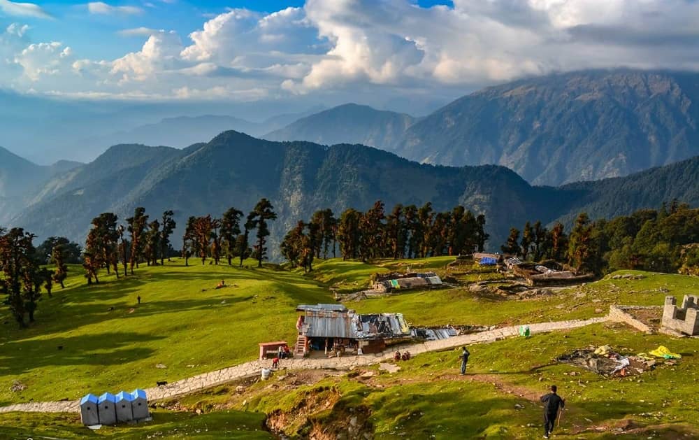 Beautiful Chopta landscape with alpine meadows and Himalayan peaks in Uttarakhand