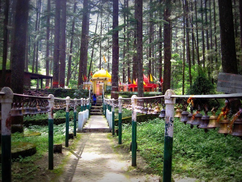 Lush green Tarkeshwar Temple with pine forests surrounding Lansdowne Uttarakhand