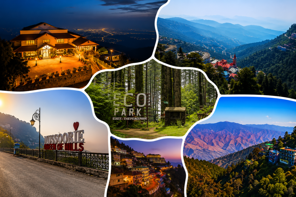 Mussoorie and Dhanaulti travel collage featuring scenic hill views, luxury hillside stays, dense pine forests, Queen of Hills landmark, and beautiful Himalayan landscapes.