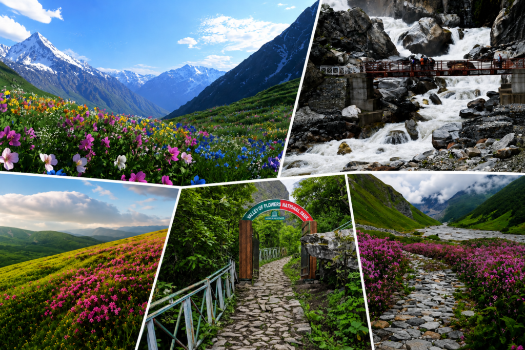 Valley of Flowers National Park covered with colourful alpine wildflowers in Uttarakhand