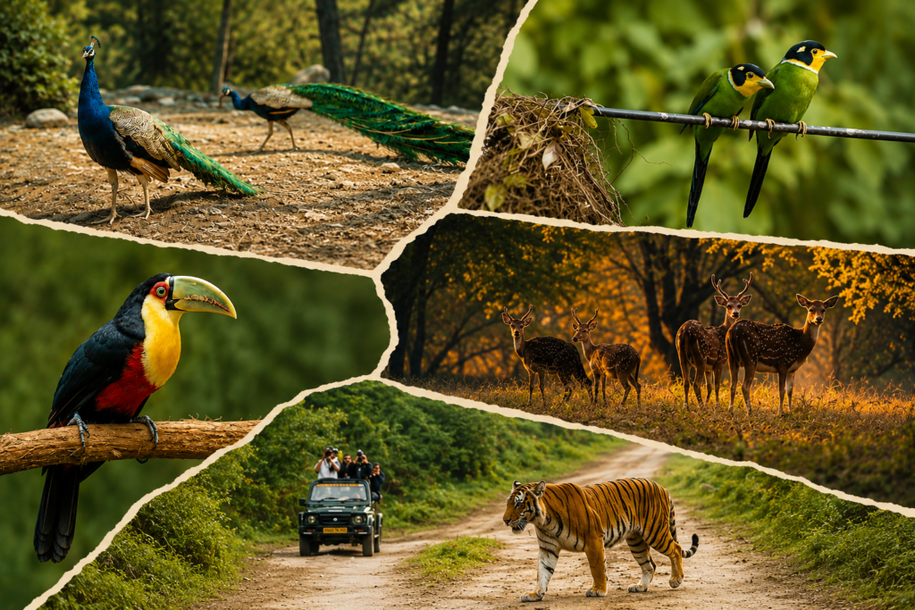 Jim Corbett National Park in Uttarakhand surrounded by lush forests and scenic Himalayan landscapes.