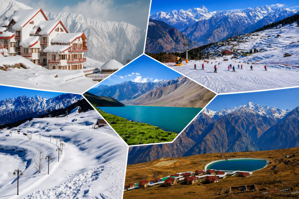 Snow-covered slopes of Auli Uttarakhand with panoramic Himalayan mountain views
