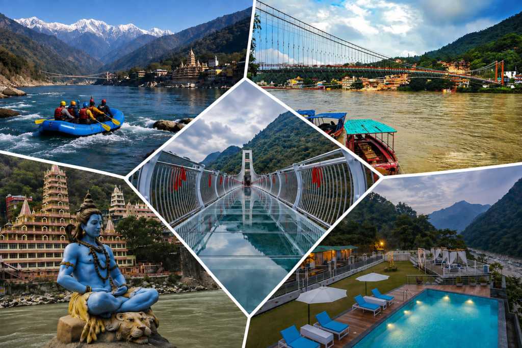 Rishikesh Uttarakhand location surrounded by the Himalayan foothills and River Ganga