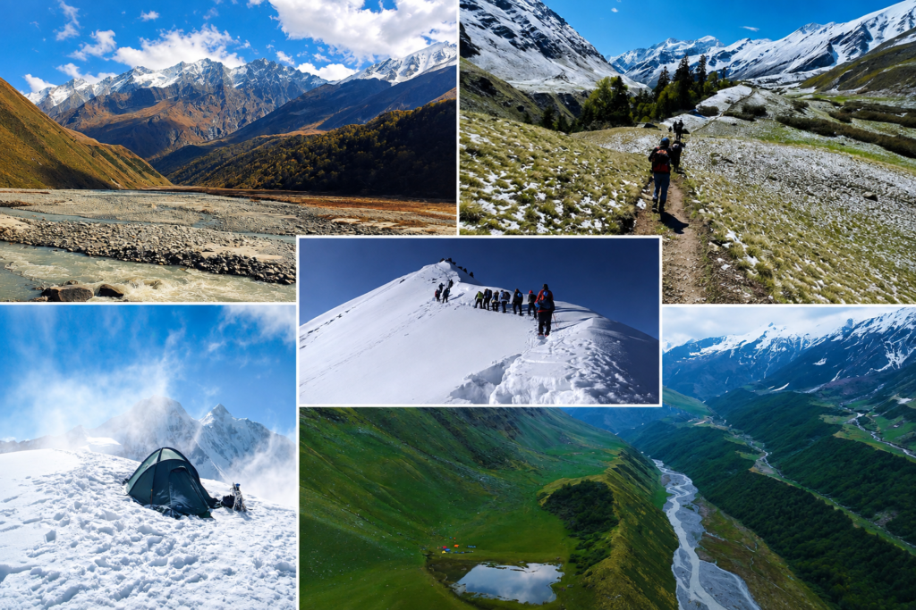Trekkers approaching Bali Pass through dramatic high-altitude Himalayan landscapes in Uttarakhand