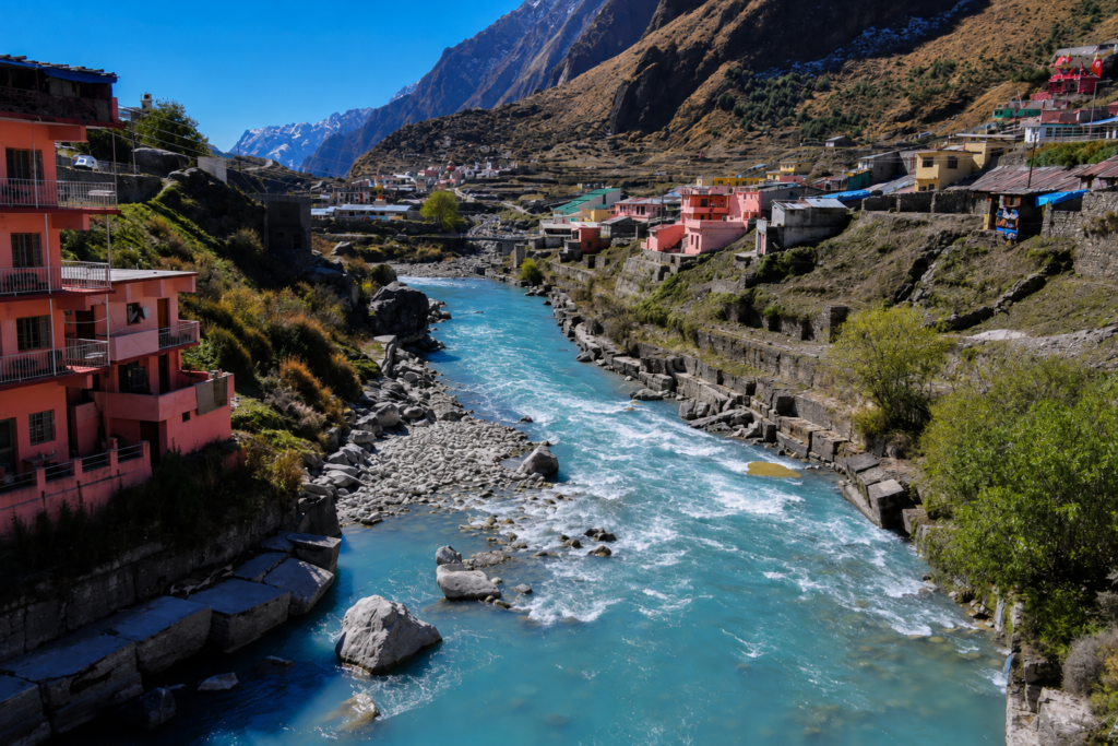 Badrinath Temple on the banks of the Alaknanda River in Uttarakhand