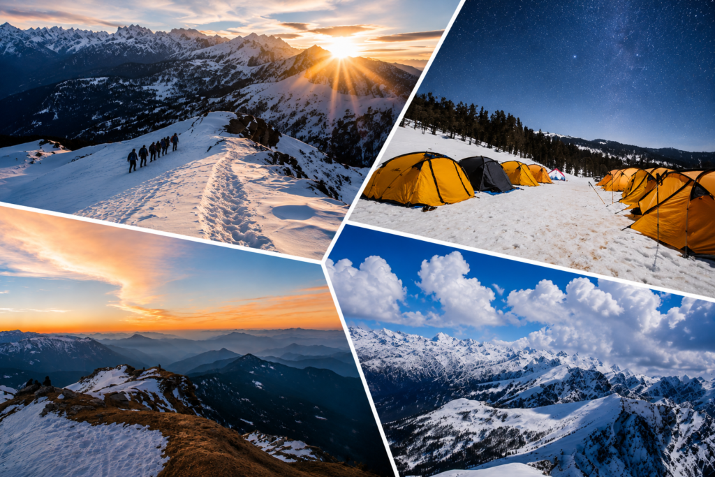 Snow-covered Kedarkantha Trek trail surrounded by pine forests in Uttarakhand