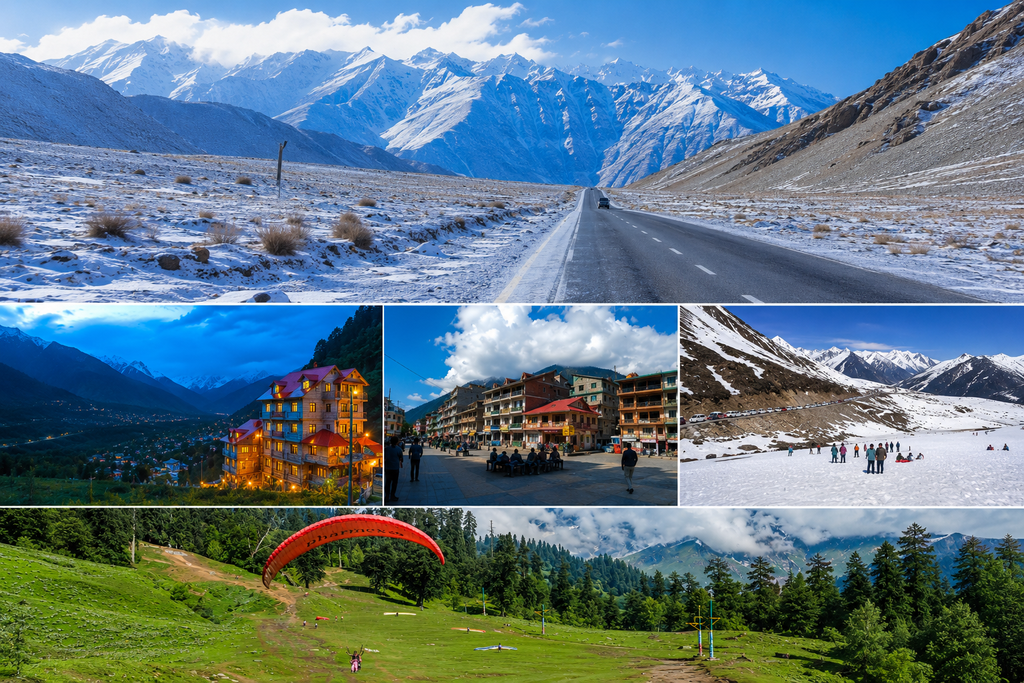 Beautiful Beas River flowing through Manali surrounded by pine-covered mountains