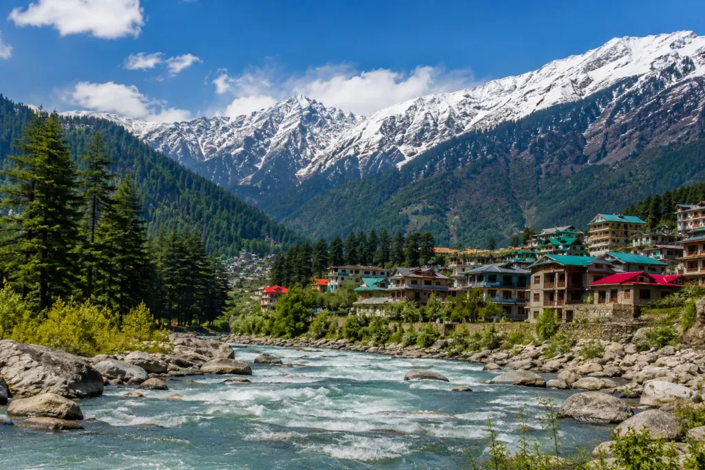 Manali landscape with pine forests, mountains and the Beas River